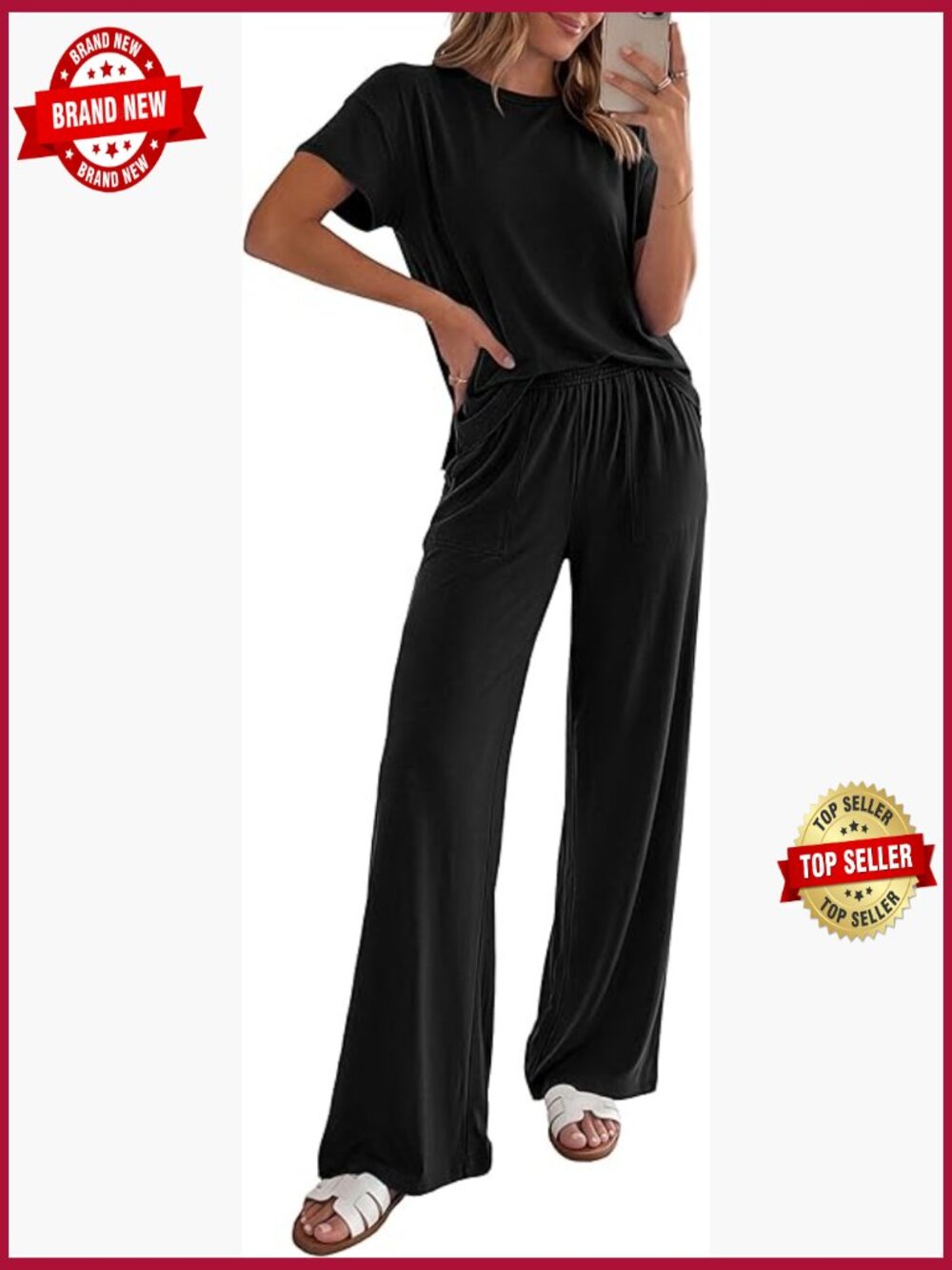 Two Piece Lounge Set Short Sleeve Top Wide Leg Pants